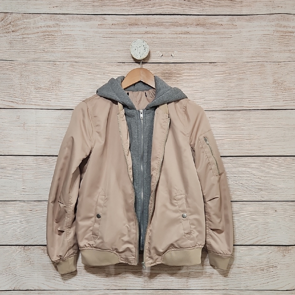 Tan Bomber Zipup Jacket with Gray Hoodie Medium